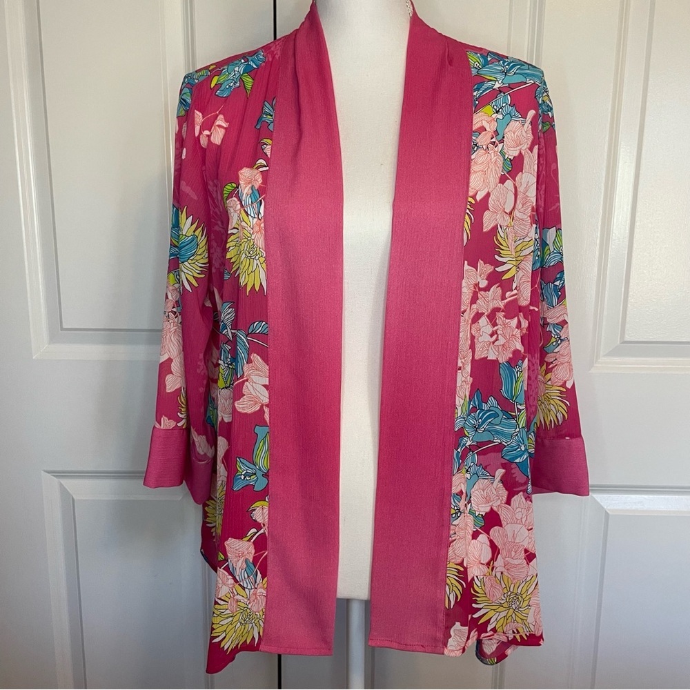 Multiples NWT Pink Floral Mesh Open Cardigan Women's Size Petite Large